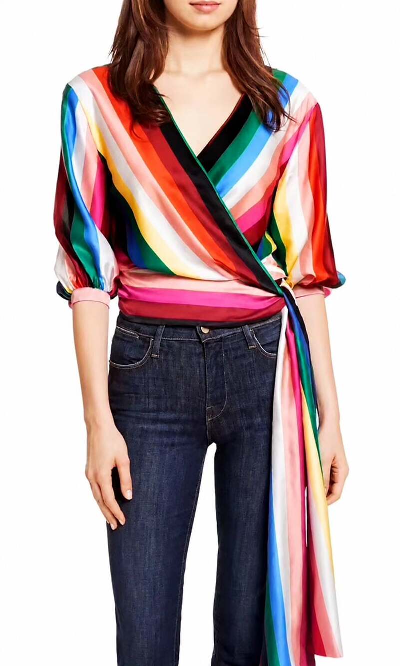 alice + olivia Rainbow Striped Wrap Tie Top Size S